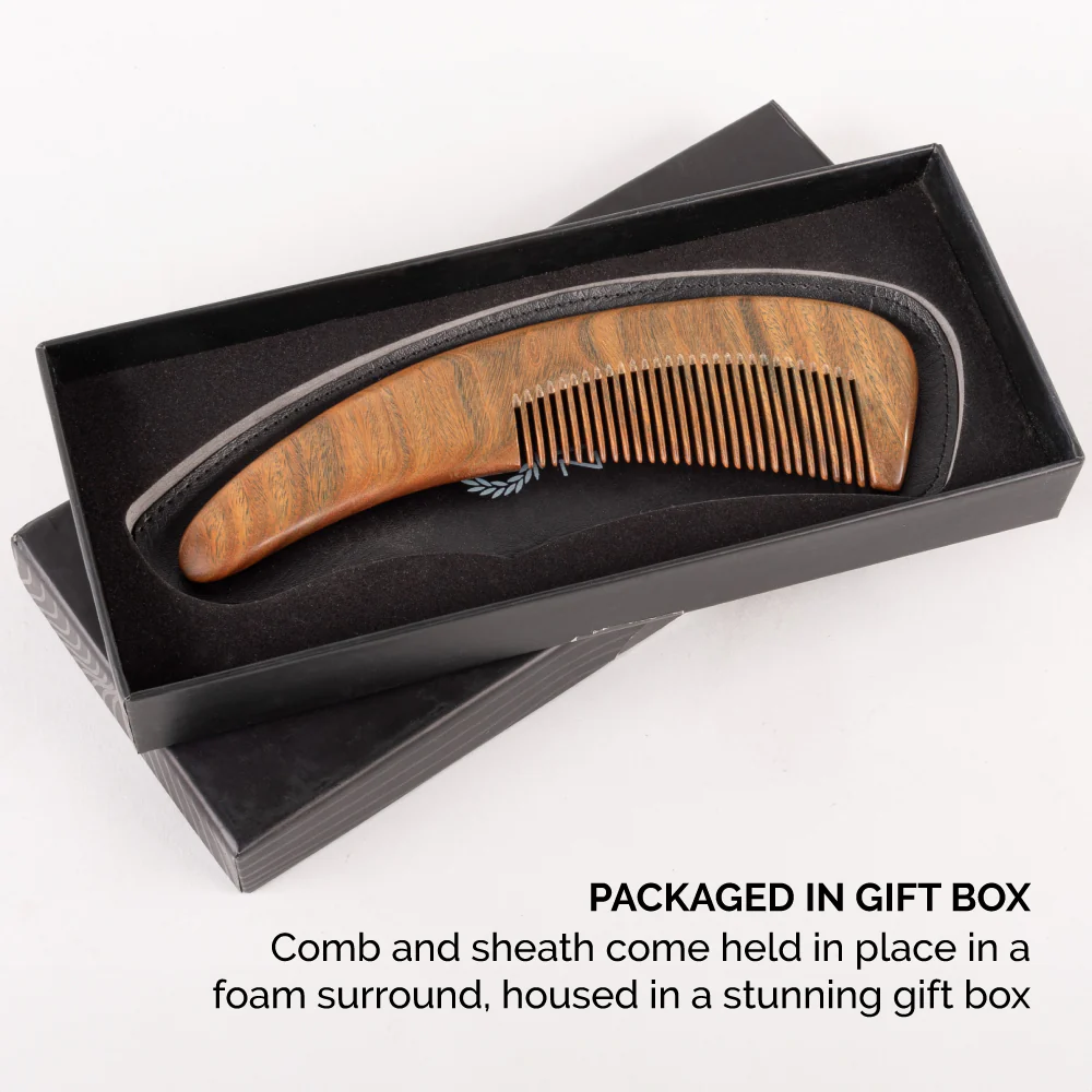 Large Curved Beard Comb + Sheath, Sandalwood - Image 5
